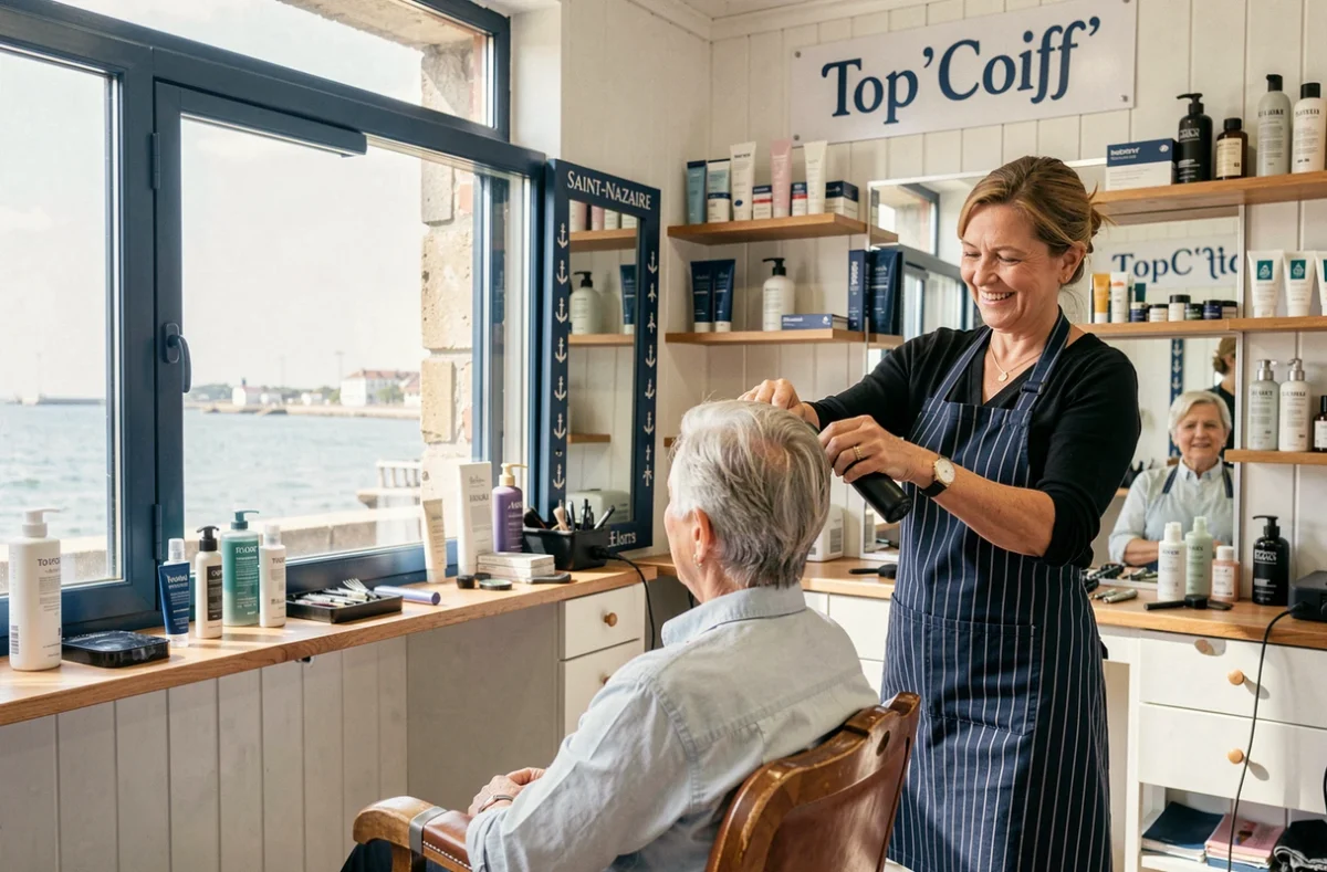 Coiffeuse coiffant joyeusement une cliente dans le salon Top'Coiff' à Saint-Nazaire, décor marin bleu et blanc