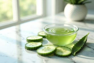 Tranches de concombre et feuilles d'aloe vera sur marbre lumineux