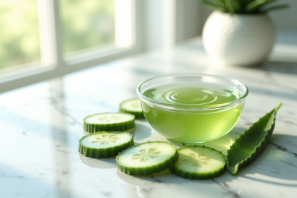Tranches de concombre et feuilles d'aloe vera sur marbre lumineux
