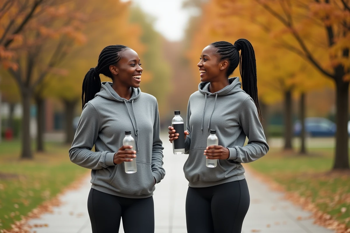 Deux femmes sportives portant des tresses africaines collées se reposant après un jogging en plein air dans un parc urbain