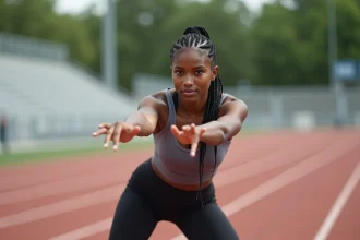Femme sportive avec des tresses africaines collées en cornrows pratiquant l'athlétisme sur une piste d'entraînement en plein air