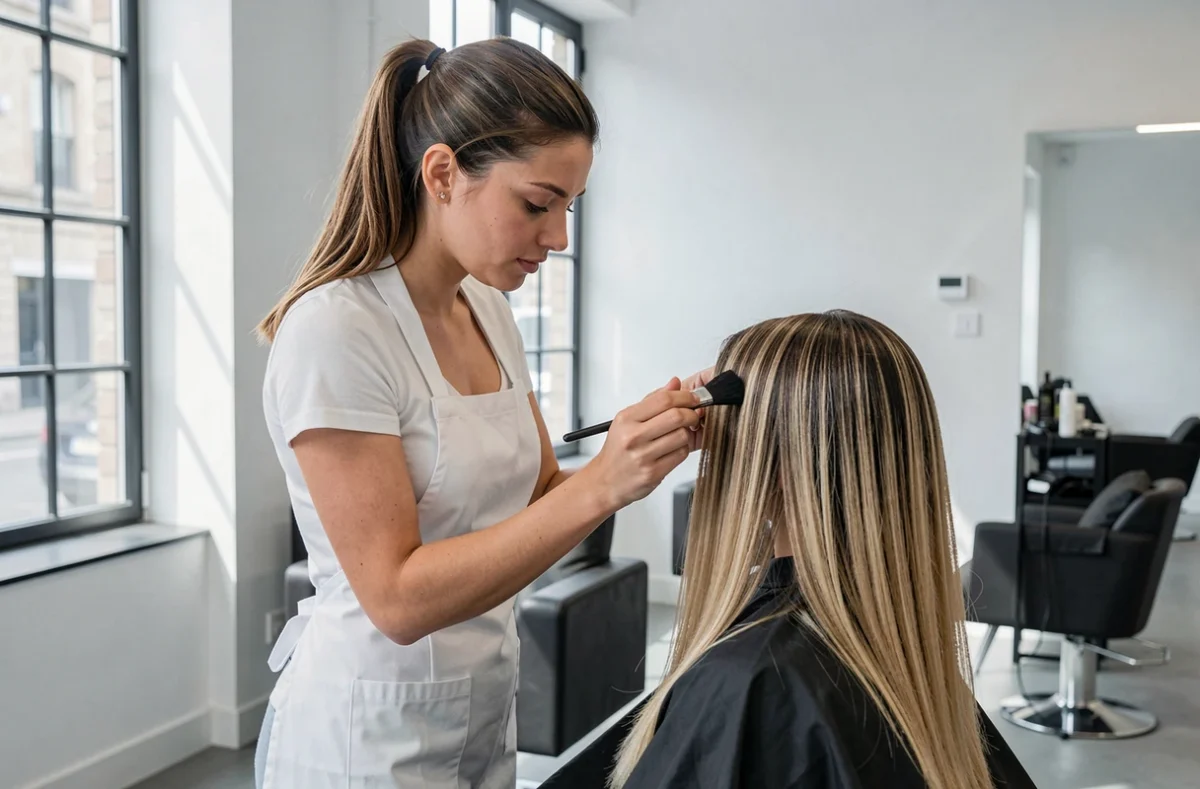 Coloriste appliquant un balayage moderne dans le salon Via Claudia à Nantes, cadre épuré et contemporain