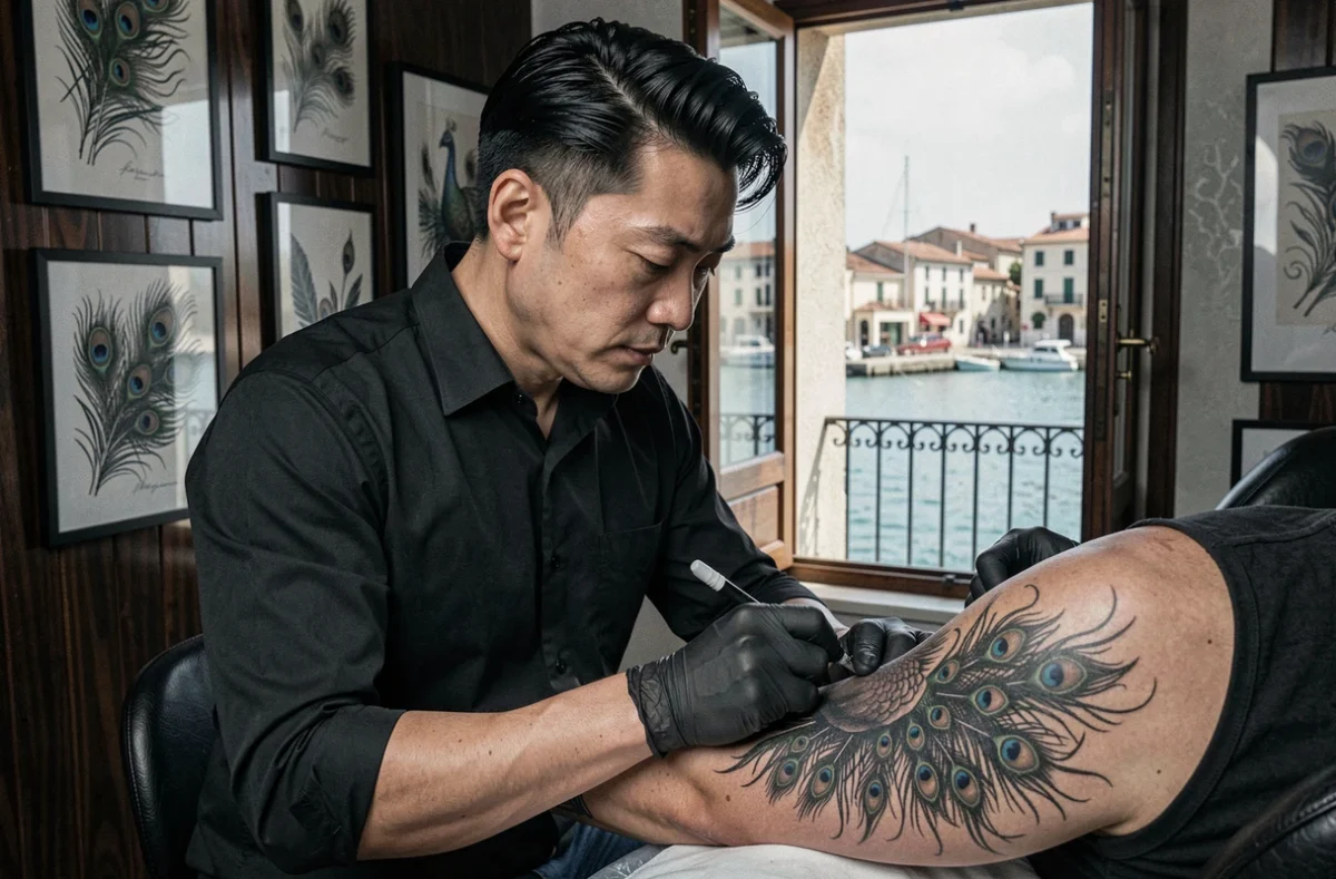 Zong TheBlackpeacock tatouant un paon en blackwork sur le bras d'un client dans son studio au décor sombre à Sète